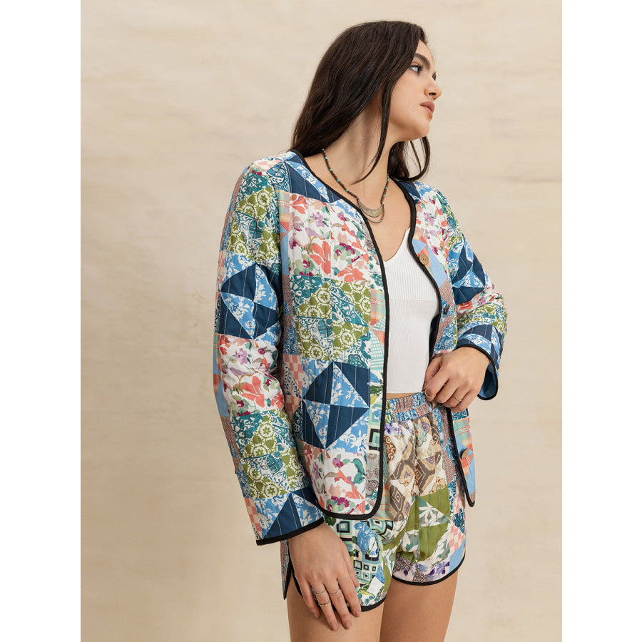 Printed Button Up Long Sleeve Outerwear and Shorts Set Apparel and Accessories