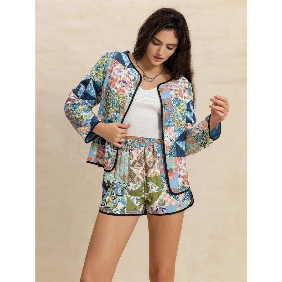 Printed Button Up Long Sleeve Outerwear and Shorts Set Apparel and Accessories