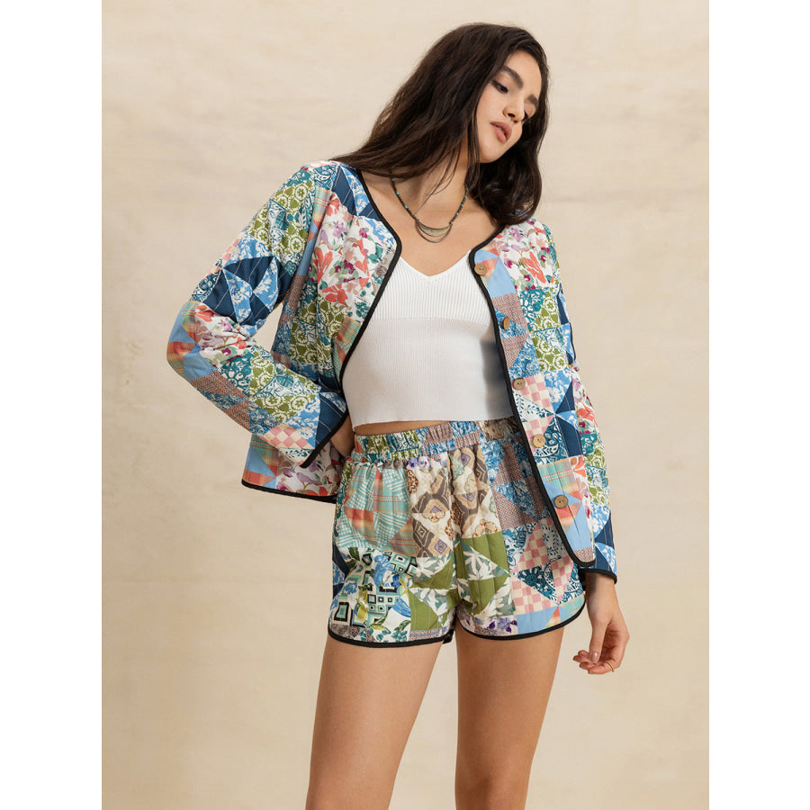 Printed Button Up Long Sleeve Outerwear and Shorts Set Apparel and Accessories