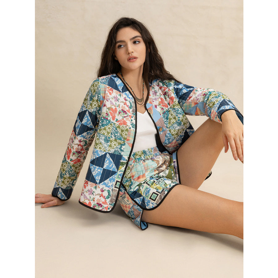 Printed Button Up Long Sleeve Outerwear and Shorts Set Apparel and Accessories