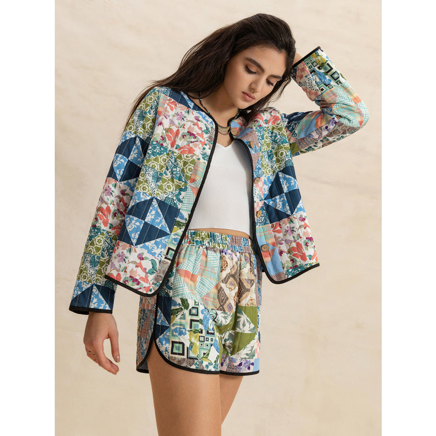 Printed Button Up Long Sleeve Outerwear and Shorts Set Multicolor / S Apparel and Accessories
