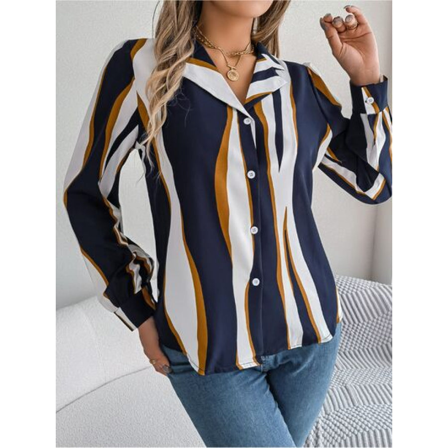 Printed Button Up Long Sleeve Shirt Dark Navy / S Apparel and Accessories