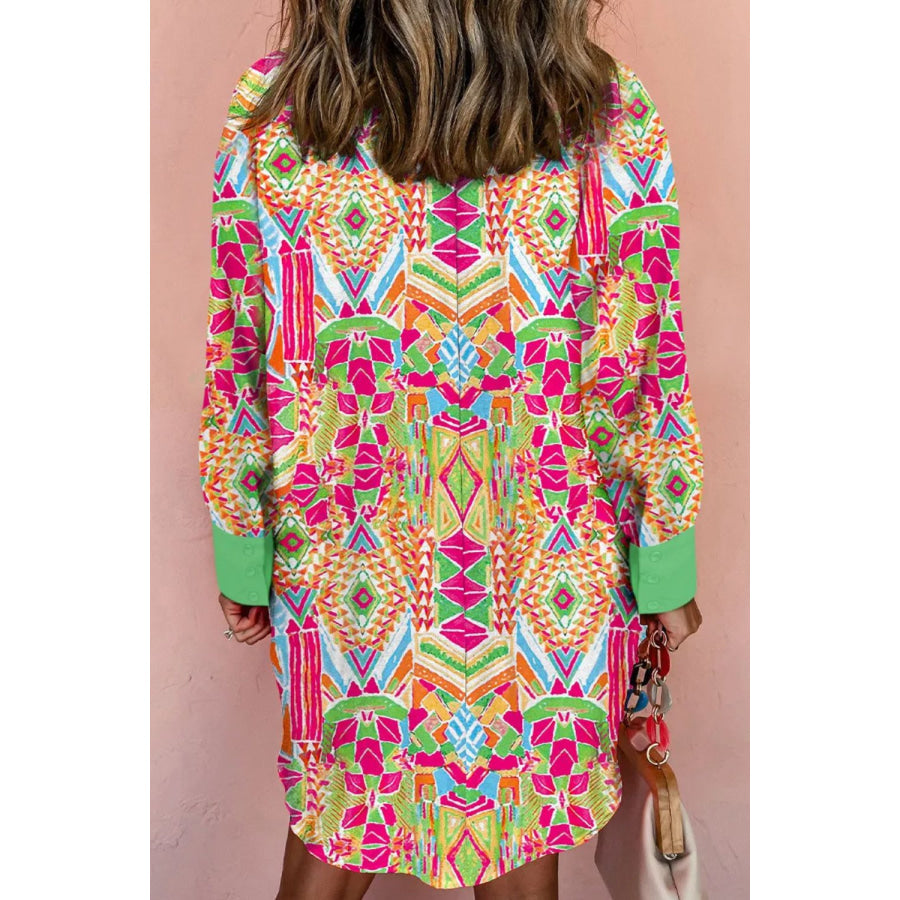 Printed Button Up Long Sleeve Shirt Dress Apparel and Accessories