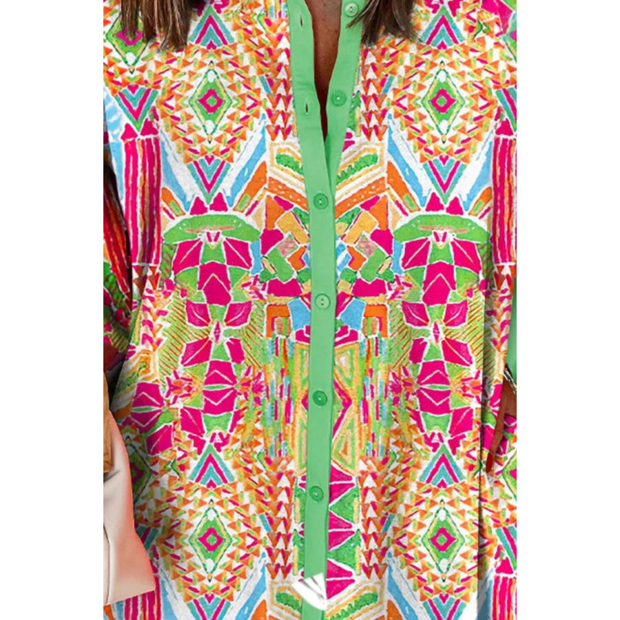 Printed Button Up Long Sleeve Shirt Dress Apparel and Accessories