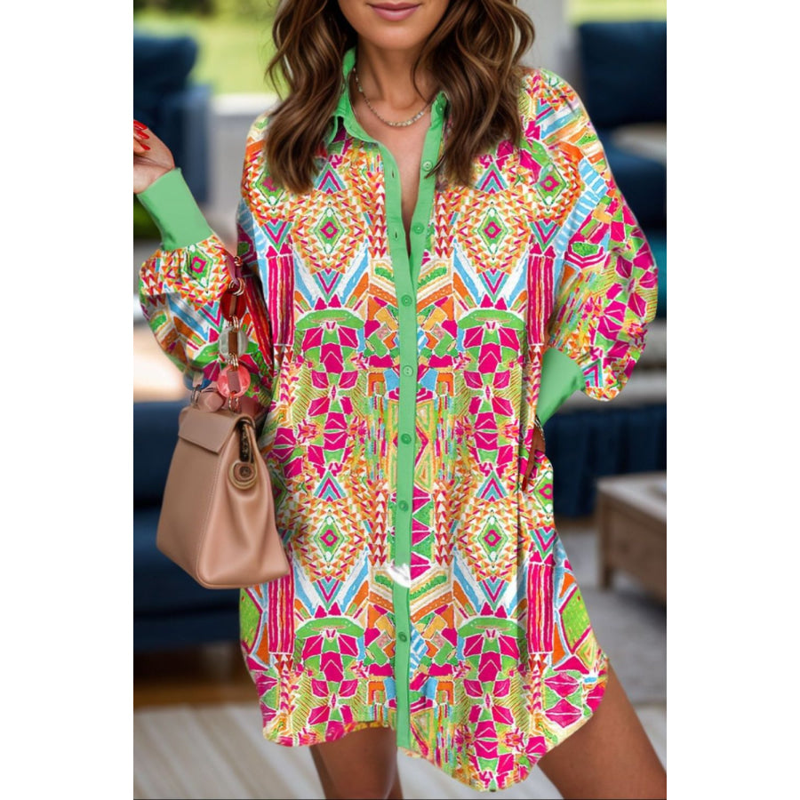 Printed Button Up Long Sleeve Shirt Dress Neon Green / S Apparel and Accessories