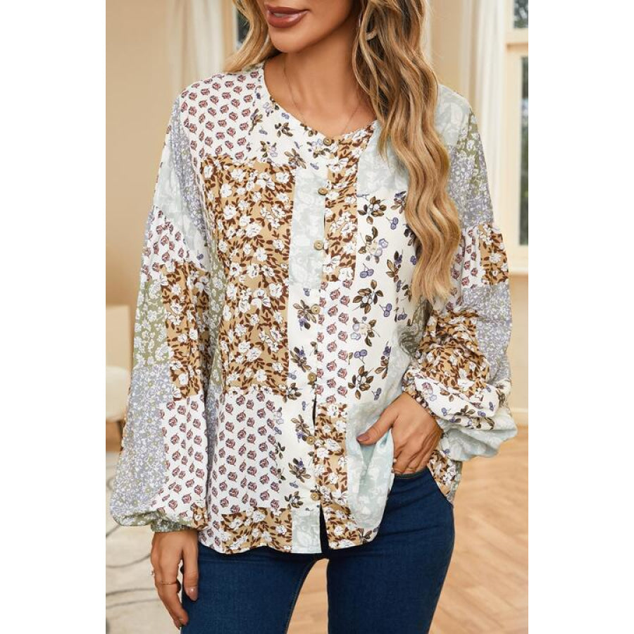 Printed Button Up Long Sleeve Shirt Floral / S Apparel and Accessories