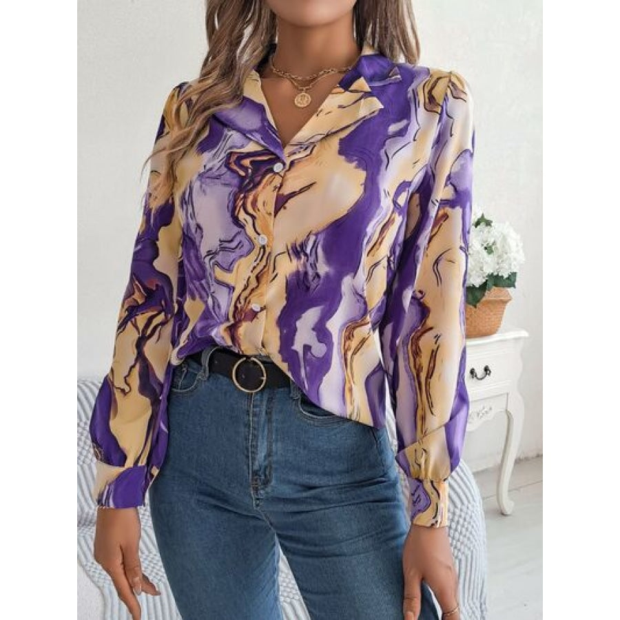 Printed Button Up Long Sleeve Shirt Light Indigo / S Apparel and Accessories