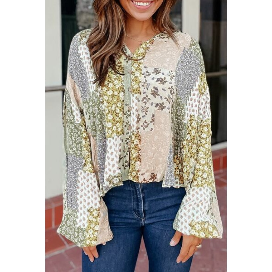 Printed Button Up Long Sleeve Shirt Mist Green / S Apparel and Accessories