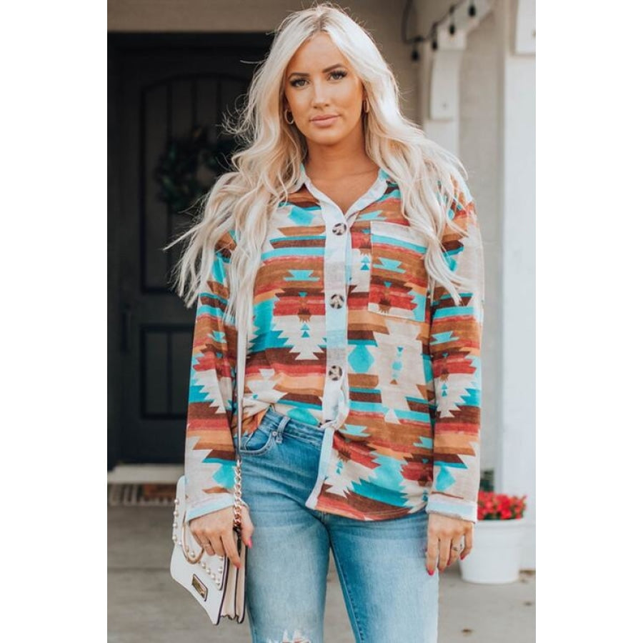 Printed Button Up Long Sleeve Shirt Multicolor / XS