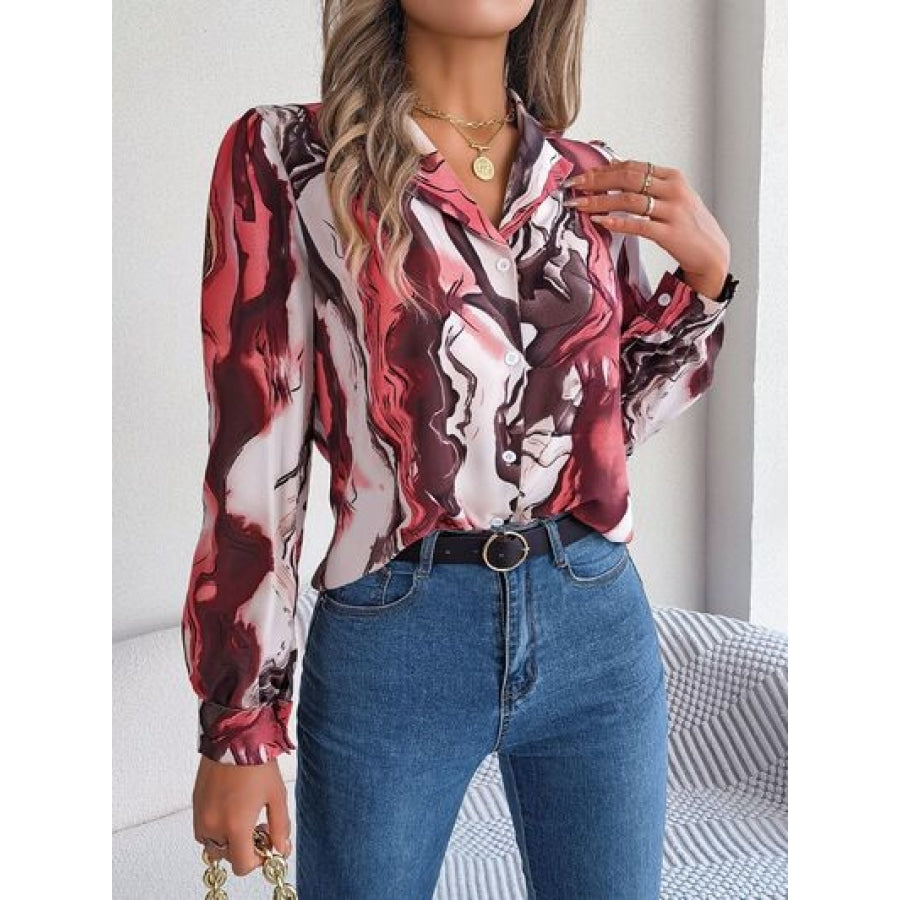 Printed Button Up Long Sleeve Shirt Strawberry / S Apparel and Accessories