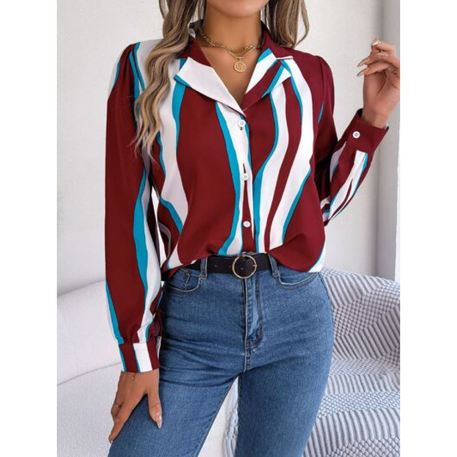 Printed Button Up Long Sleeve Shirt Wine / S Apparel and Accessories