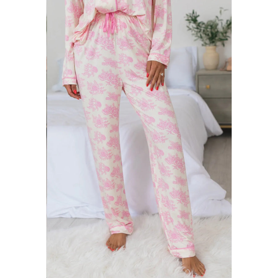 Printed Button Up Long Sleeve Top and Pants Lounge Set Apparel and Accessories