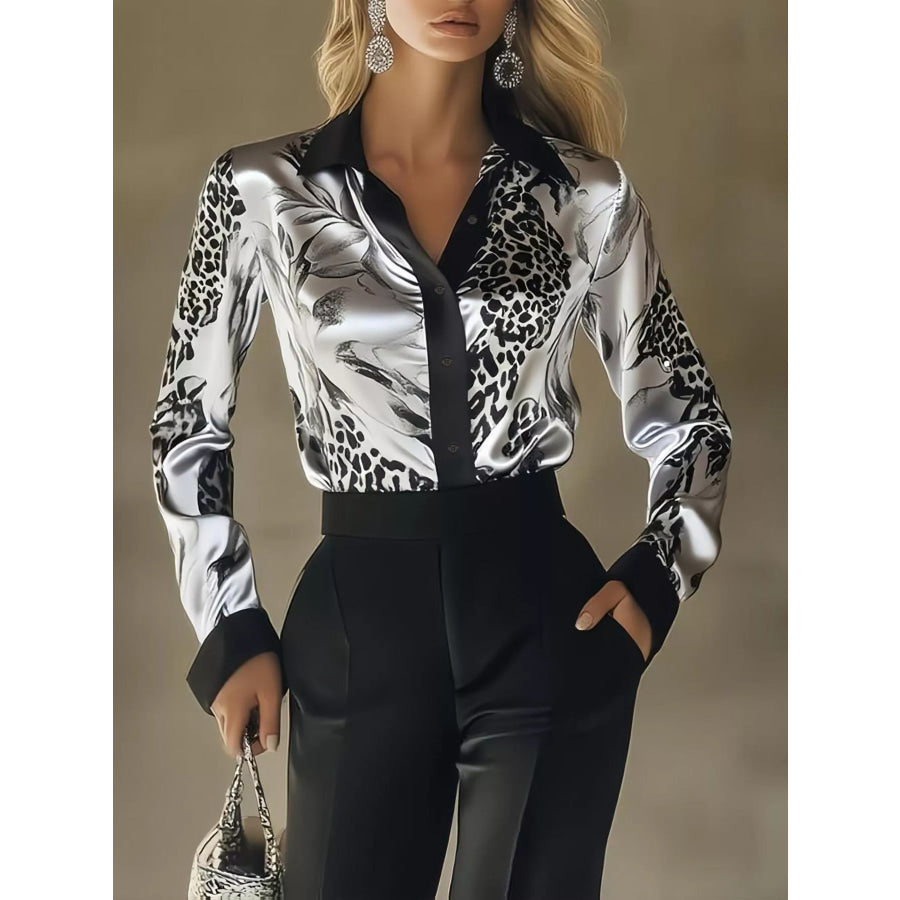 Printed Button Up Satin Shirt Gray / S Apparel and Accessories