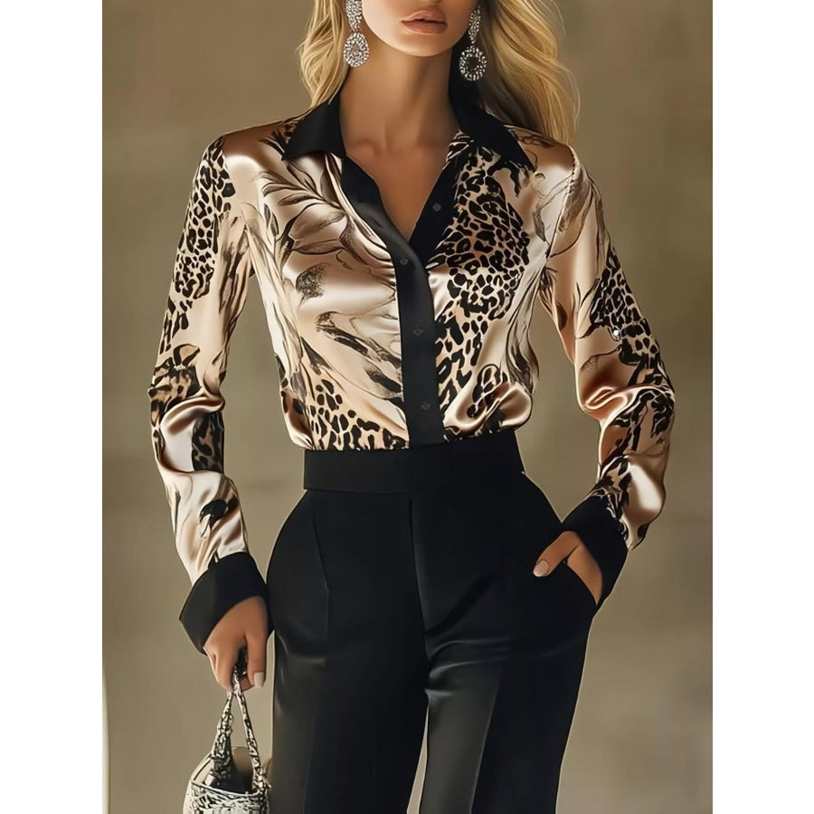 Printed Button Up Satin Shirt Khaki / S Apparel and Accessories