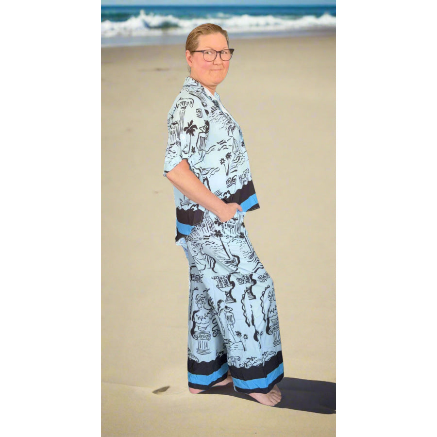 Printed Button Up Shirt and Pants Set Plus Size Apparel and Accessories