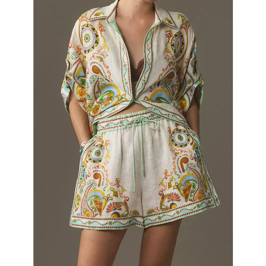 Printed Button Up Shirt and Shorts Set Apparel and Accessories