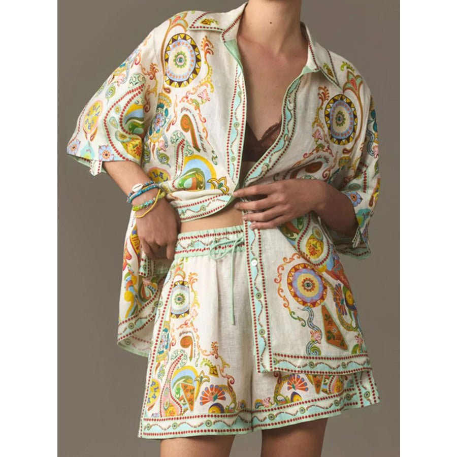 Printed Button Up Shirt and Shorts Set Apricot / S Apparel and Accessories
