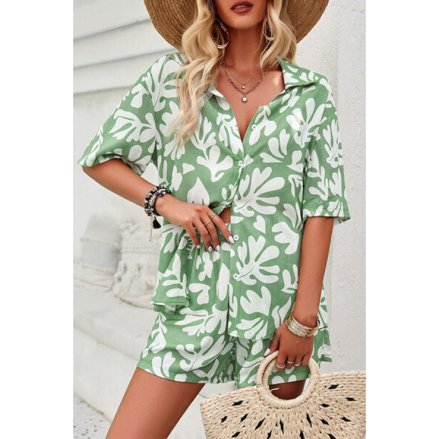 Printed Button Up Shirt and Shorts Set Clothing