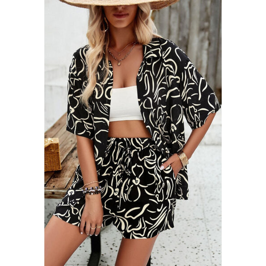 Printed Button Up Shirt and Shorts Set Clothing