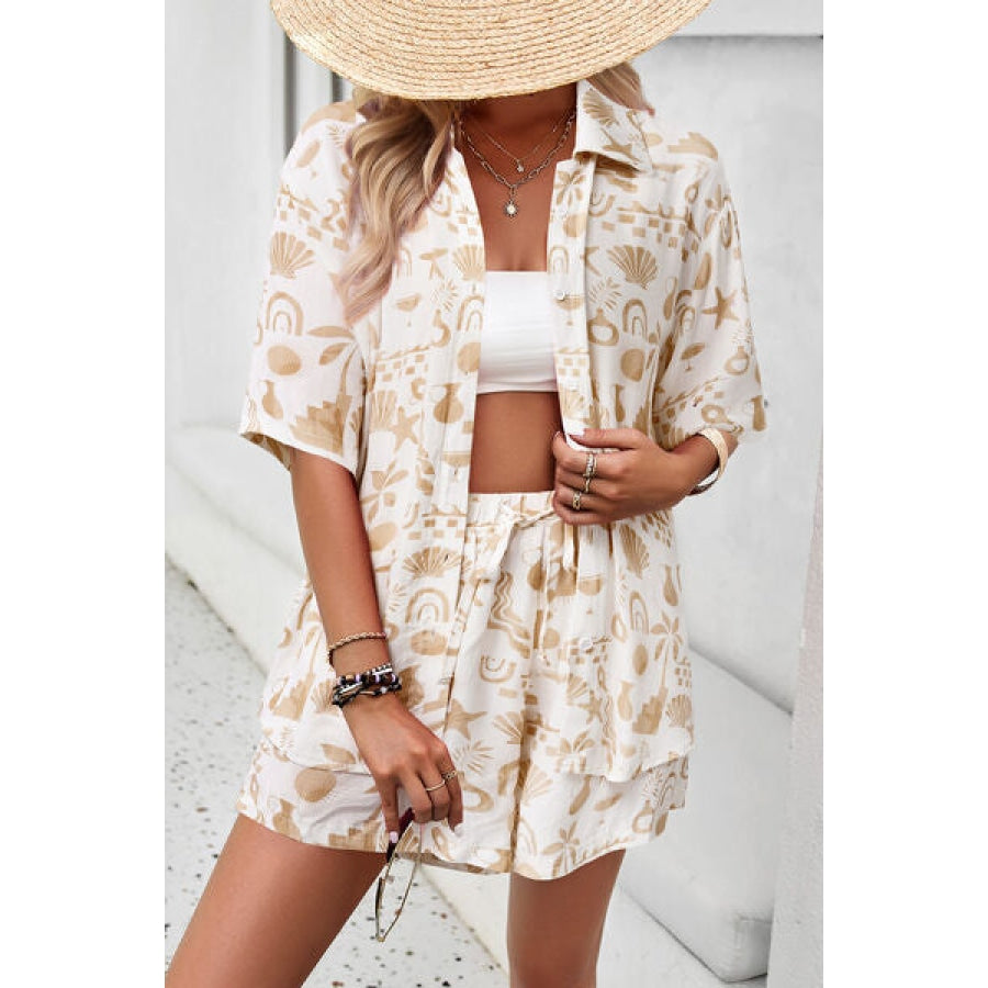 Printed Button Up Shirt and Shorts Set Clothing