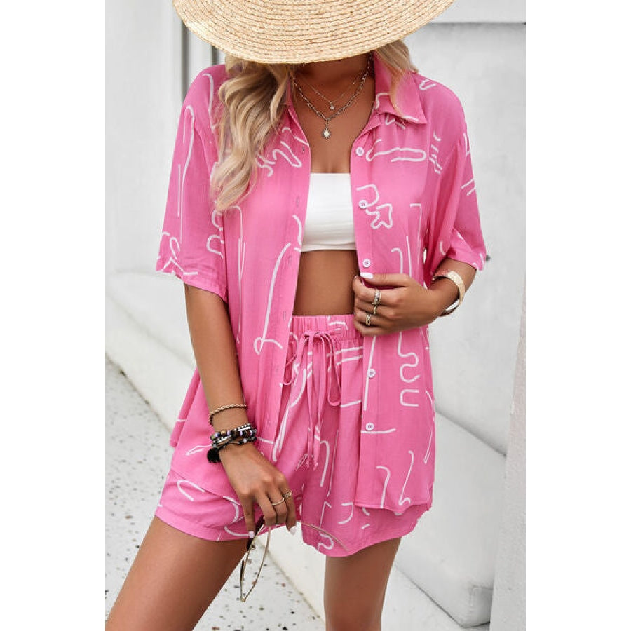 Printed Button Up Shirt and Shorts Set Clothing