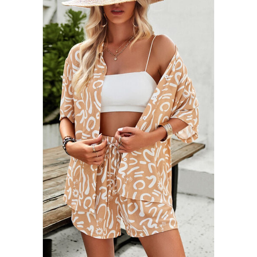 Printed Button Up Shirt and Shorts Set Clothing