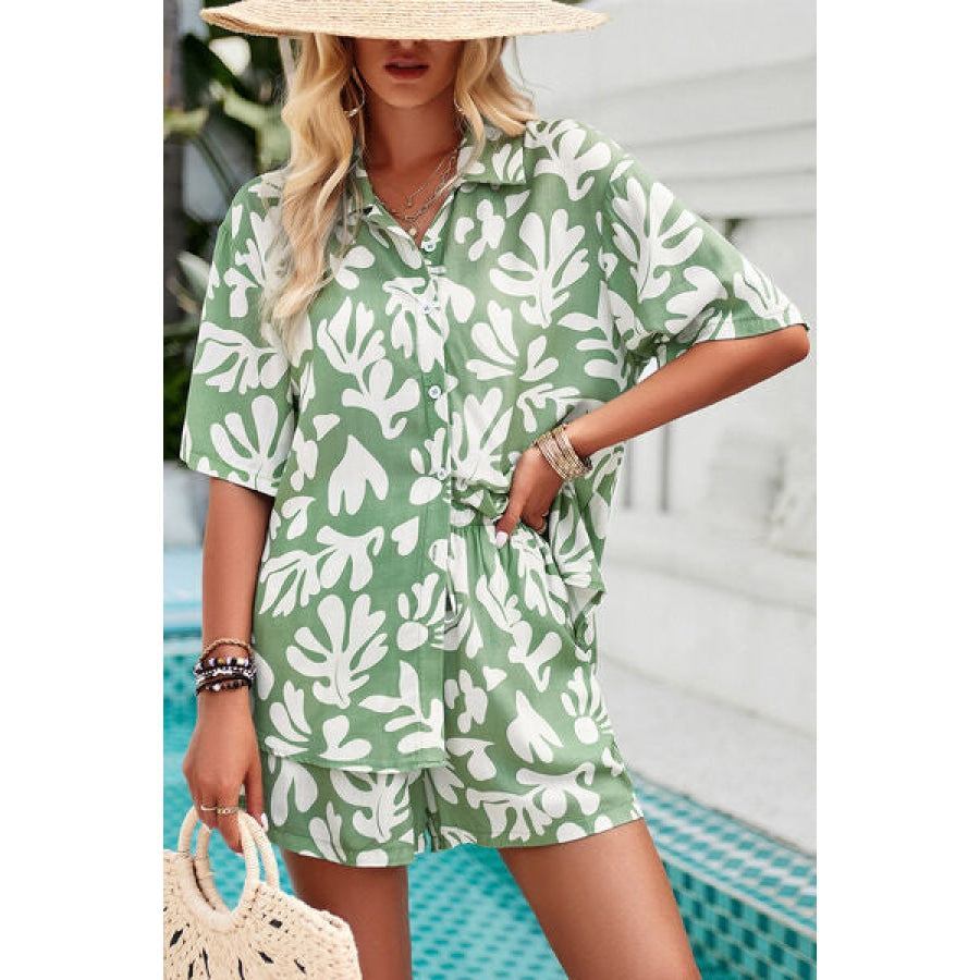 Printed Button Up Shirt and Shorts Set Clothing