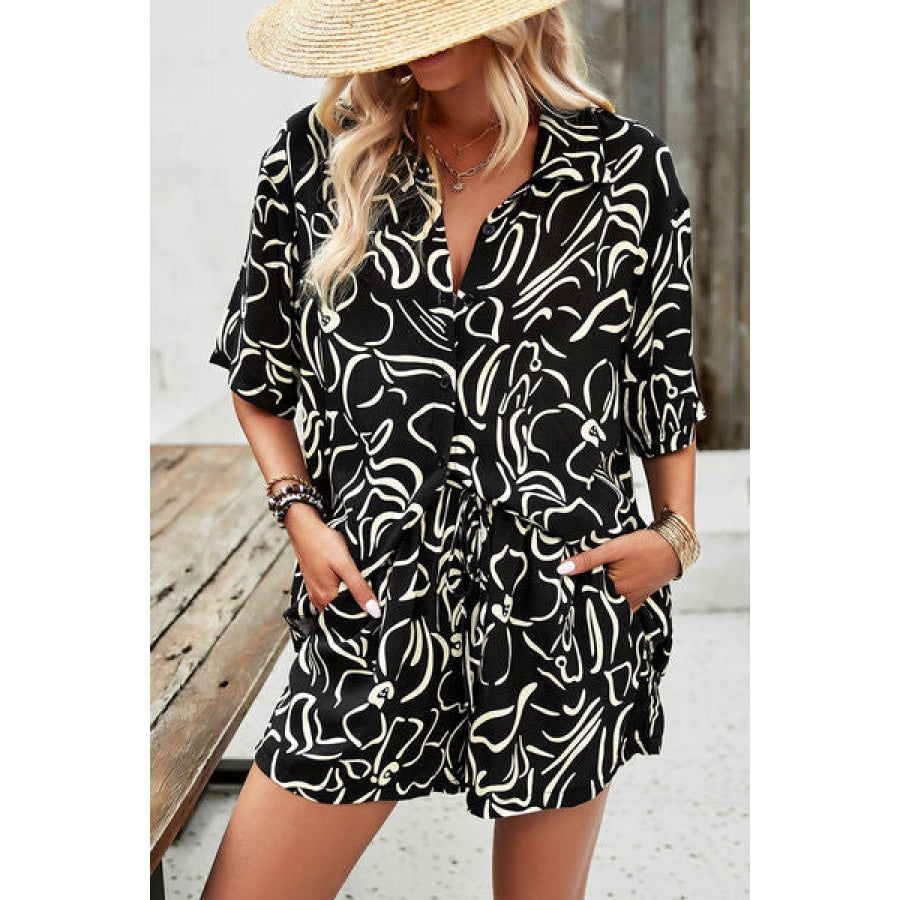 Printed Button Up Shirt and Shorts Set Clothing