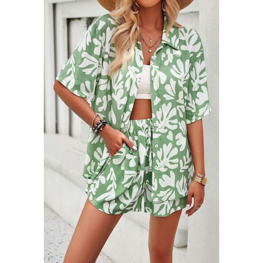 Printed Button Up Shirt and Shorts Set Clothing