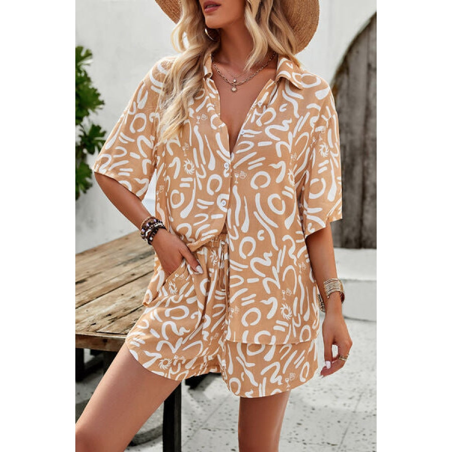 Printed Button Up Shirt and Shorts Set Ochre / S Clothing