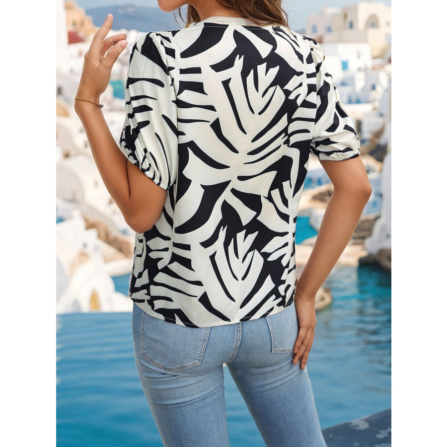 Printed Button Up Short Sleeve Shirt Black/White / S Apparel and Accessories