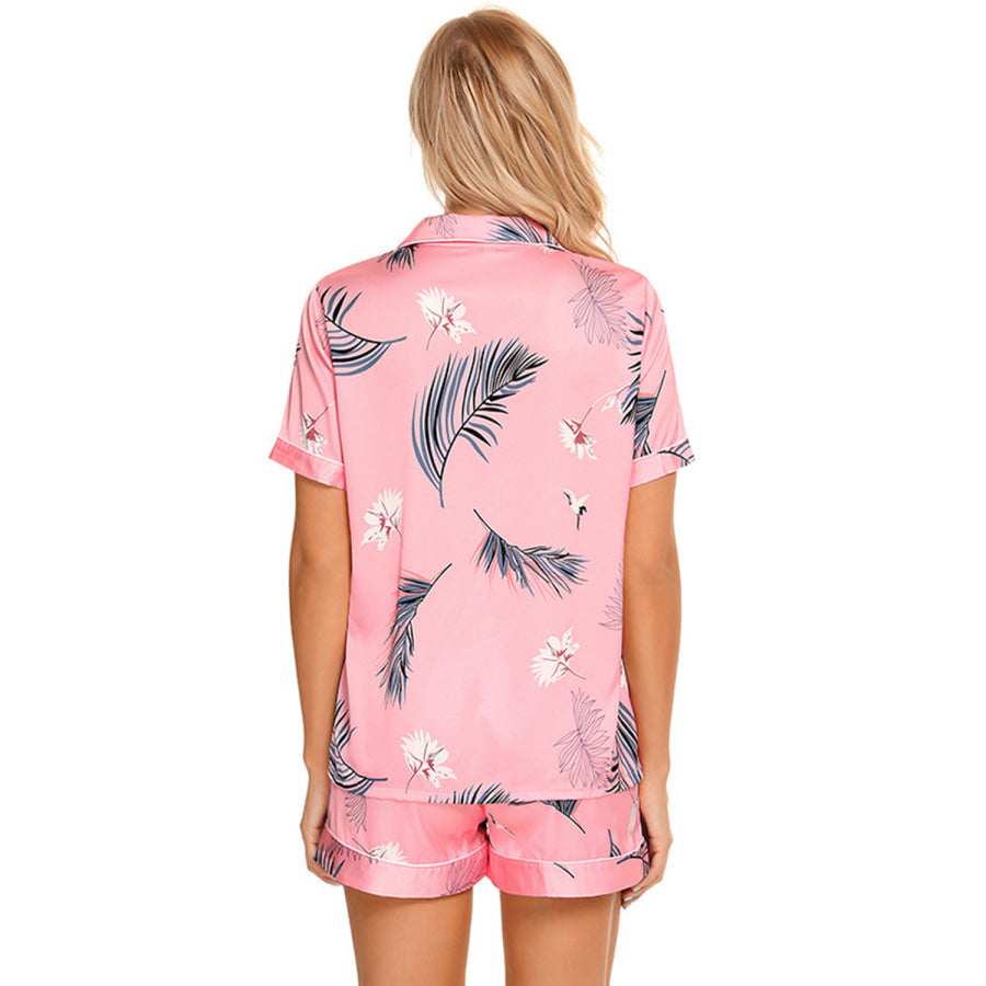 Printed Button Up Short Sleeve Top and Shorts Lounge Set Apparel Accessories