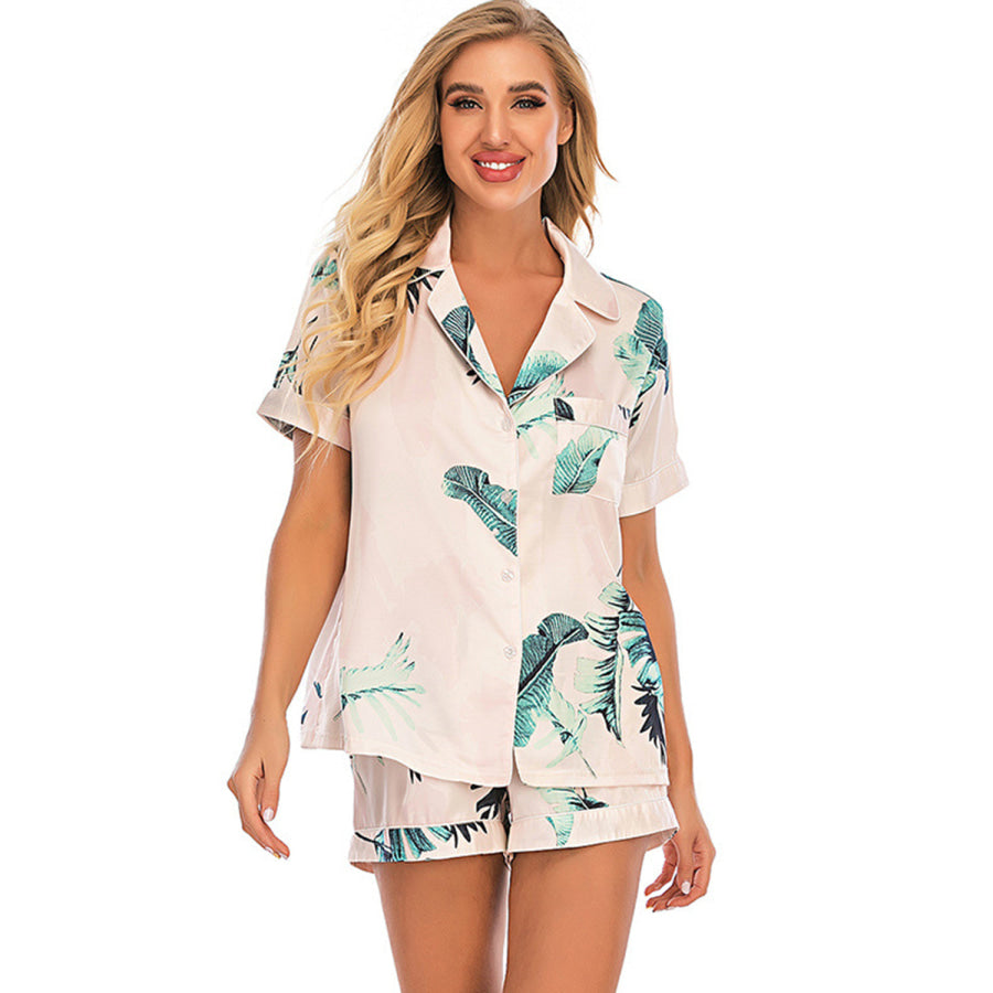 Printed Button Up Short Sleeve Top and Shorts Lounge Set Apparel Accessories