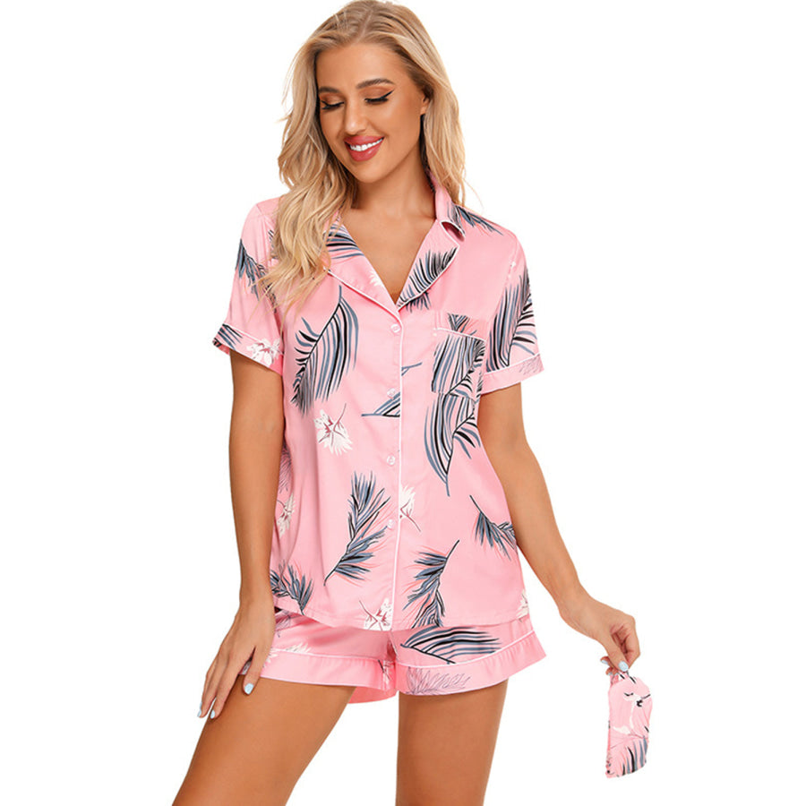 Printed Button Up Short Sleeve Top and Shorts Lounge Set Apparel Accessories