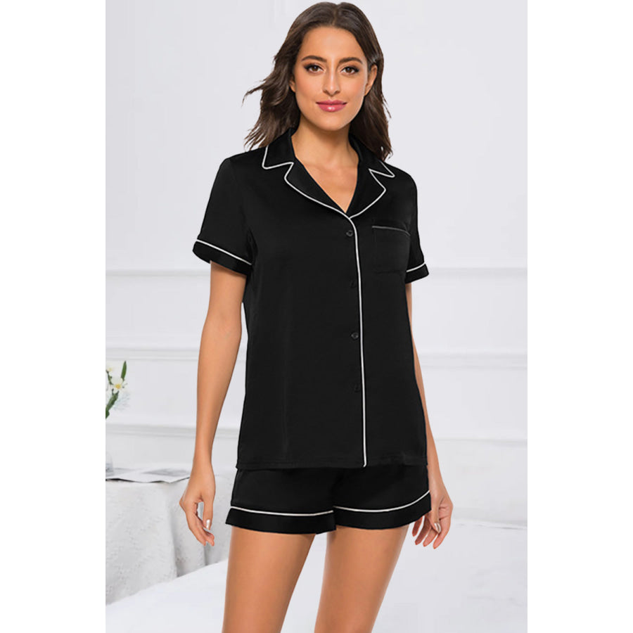 Printed Button Up Short Sleeve Top and Shorts Lounge Set Black / S Apparel Accessories