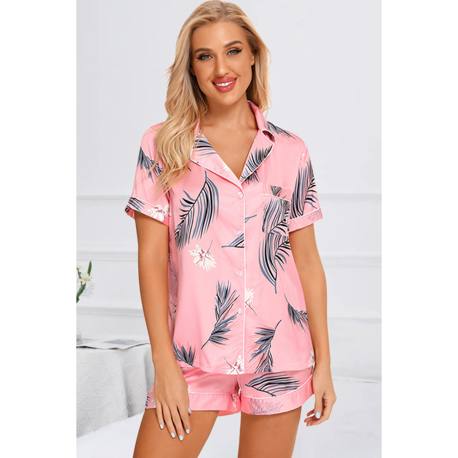 Printed Button Up Short Sleeve Top and Shorts Lounge Set Carnation Pink / S Apparel Accessories