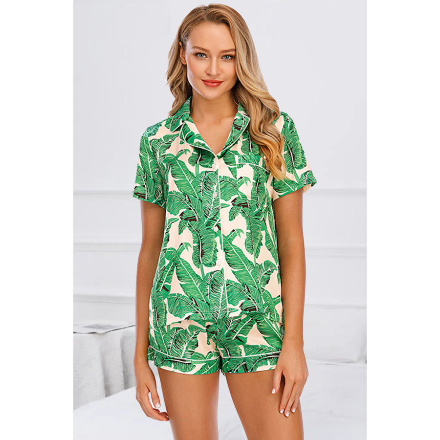 Printed Button Up Short Sleeve Top and Shorts Lounge Set Mid Green / S Apparel Accessories