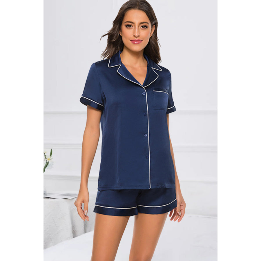 Printed Button Up Short Sleeve Top and Shorts Lounge Set Navy / S Apparel Accessories