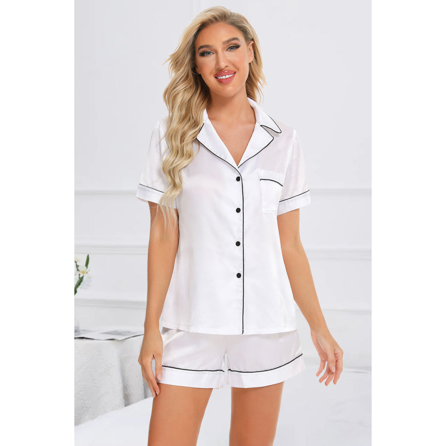 Printed Button Up Short Sleeve Top and Shorts Lounge Set White / S Apparel Accessories