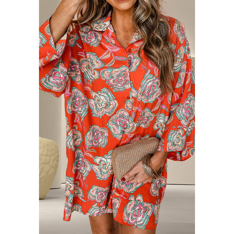 Printed Button Up Three-Quarter Sleeve Shirt Dress Orange / S Apparel and Accessories