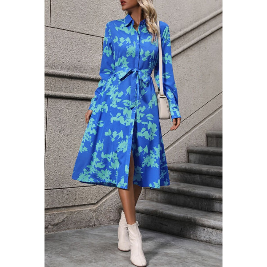 Printed Button Up Tie Waist Dress Clothing