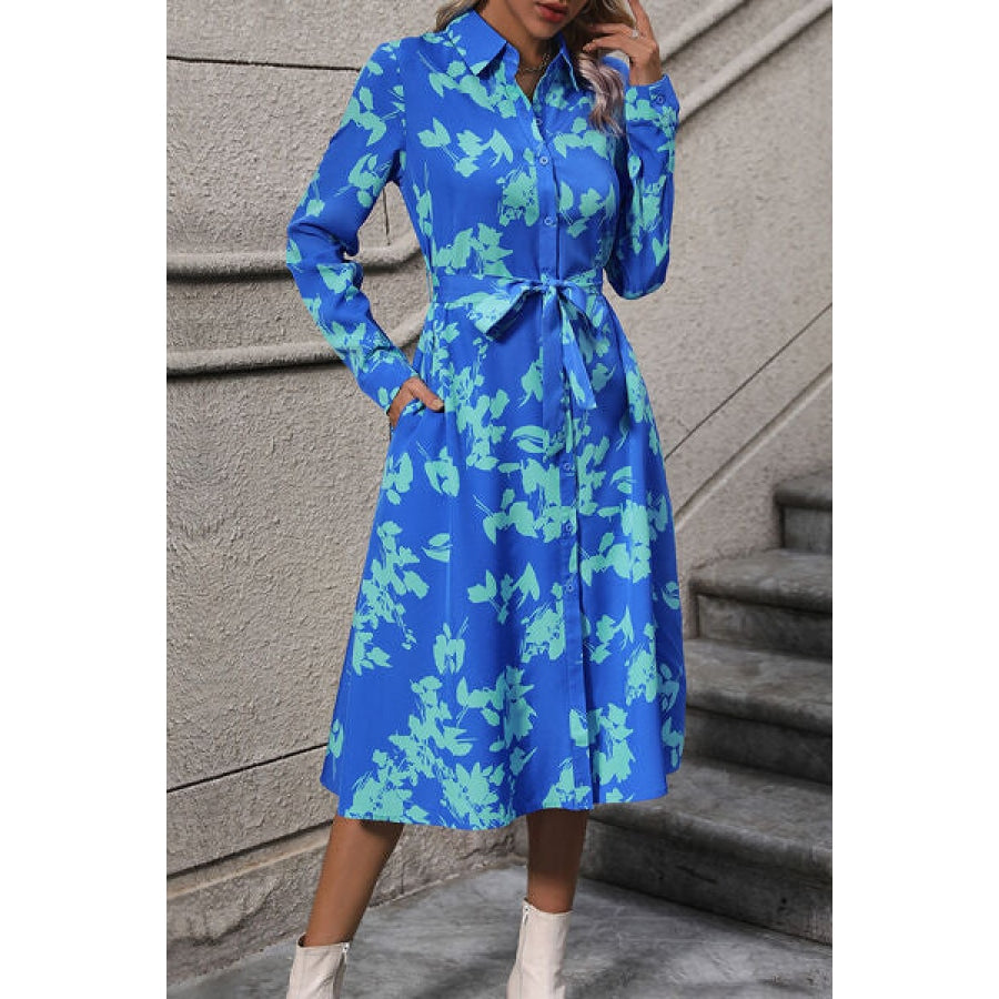 Printed Button Up Tie Waist Dress Clothing