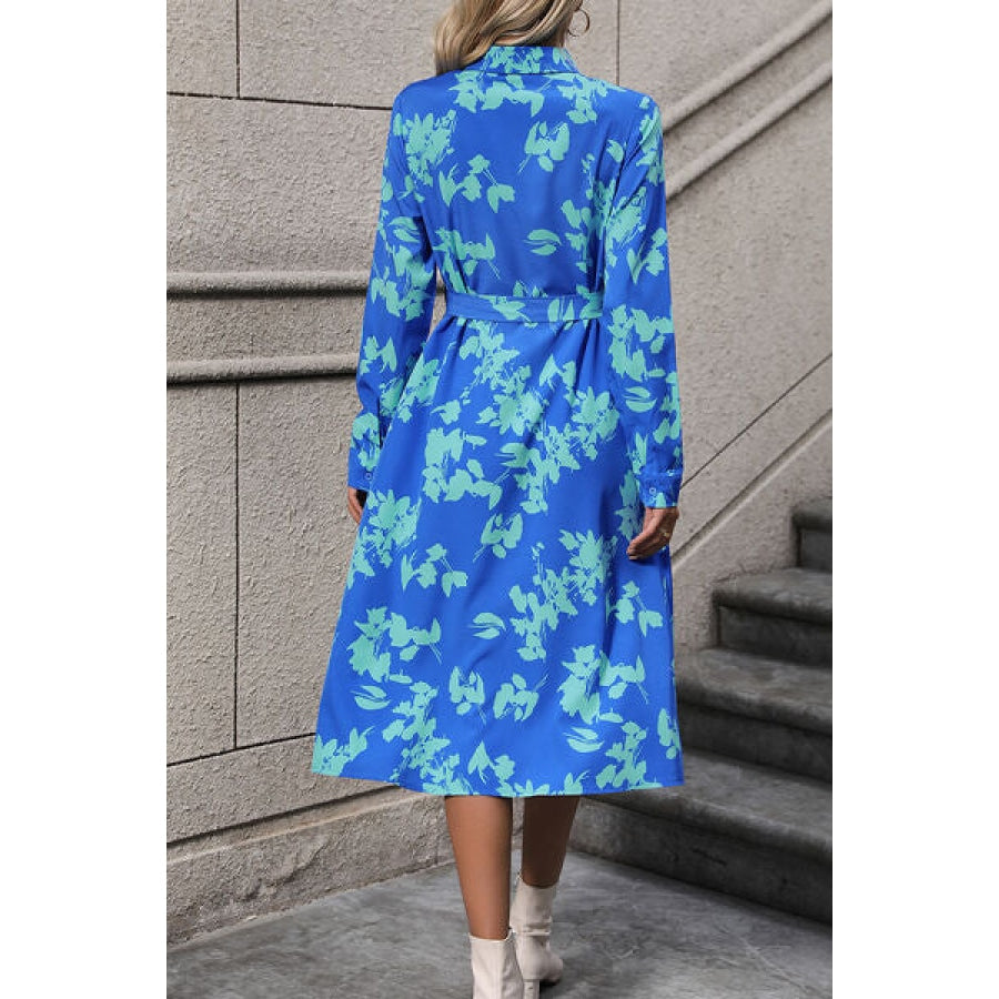 Printed Button Up Tie Waist Dress Sky Blue / S Clothing