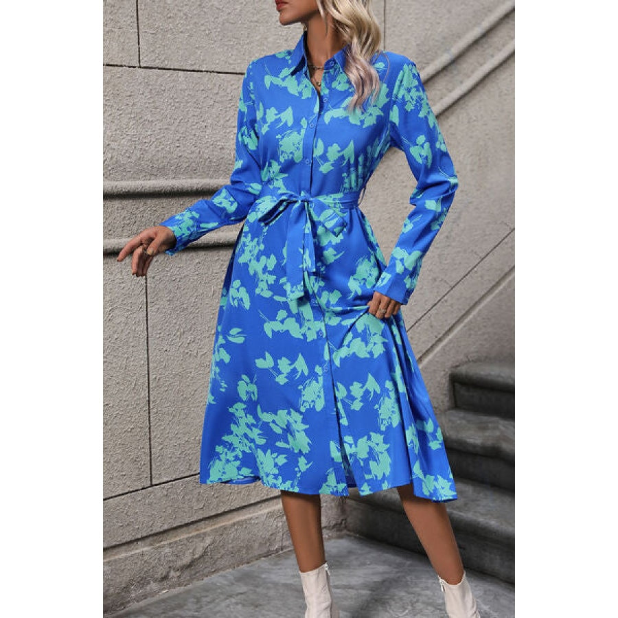 Printed Button Up Tie Waist Dress Clothing