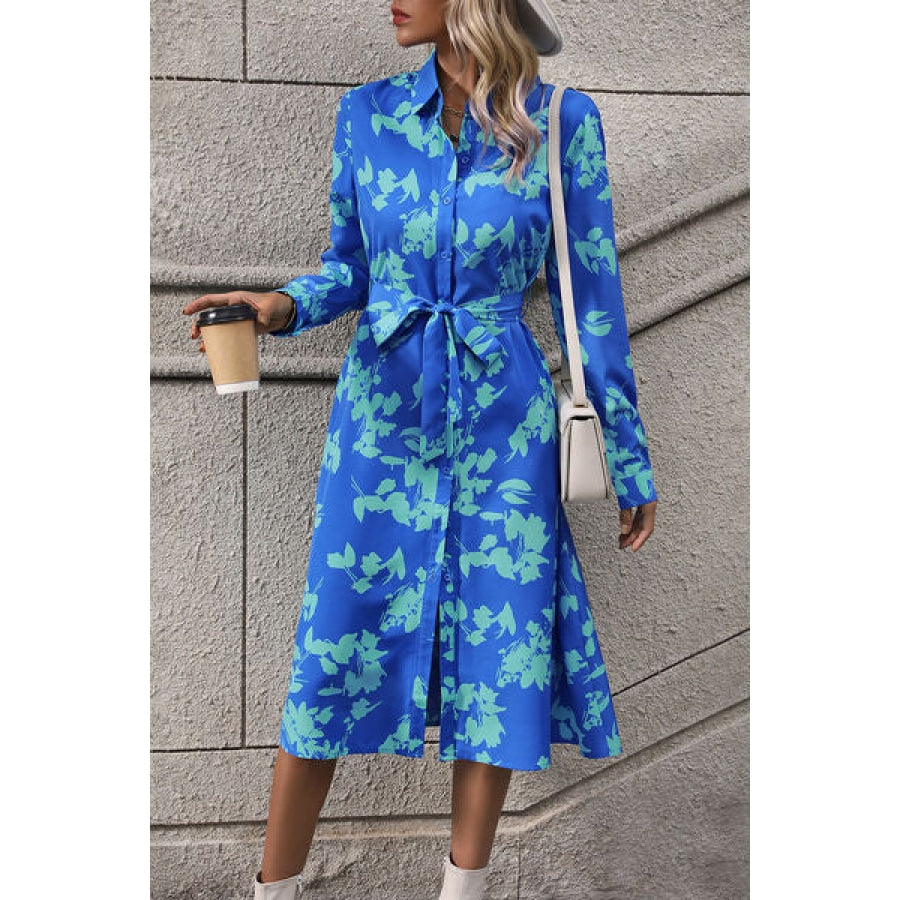 Printed Button Up Tie Waist Dress Clothing