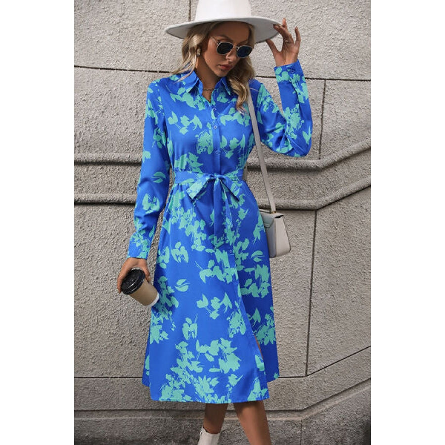 Printed Button Up Tie Waist Dress Sky Blue / S Clothing