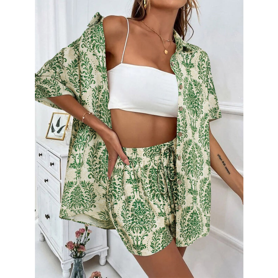 Printed Button Up Top and Shorts Set Green / S Apparel and Accessories