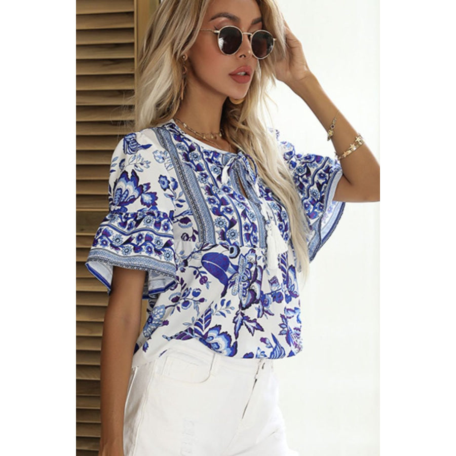 Printed Buttoned Flounce Sleeve Blouse Apparel and Accessories