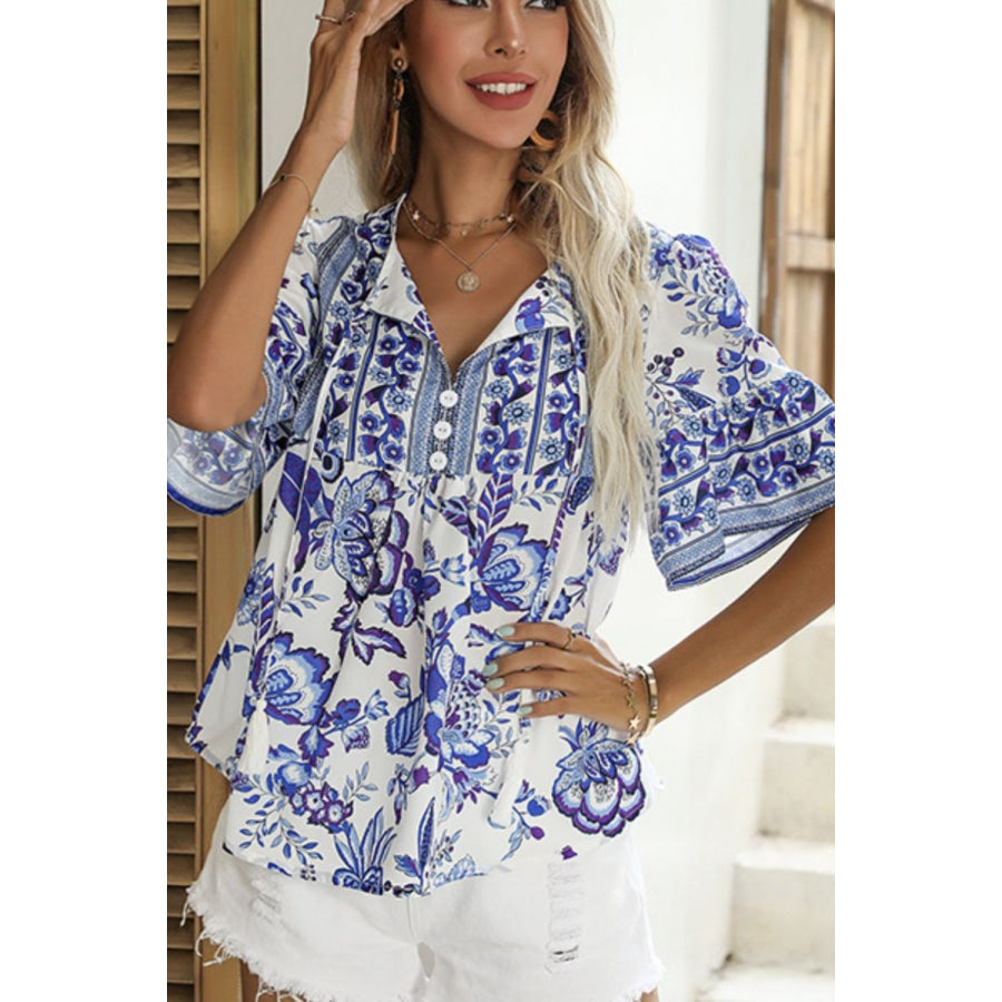 Printed Buttoned Flounce Sleeve Blouse Royal Blue / S Apparel and Accessories