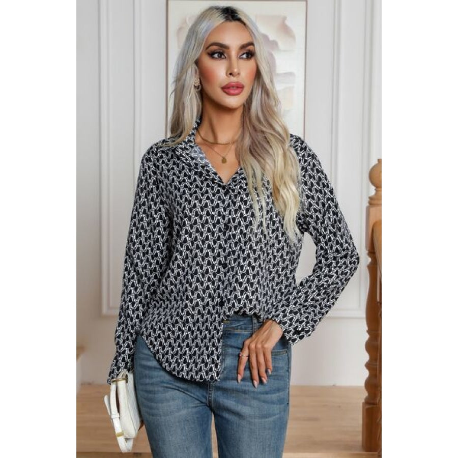 Printed Buttoned Long Sleeve Shirt Black / S Clothing